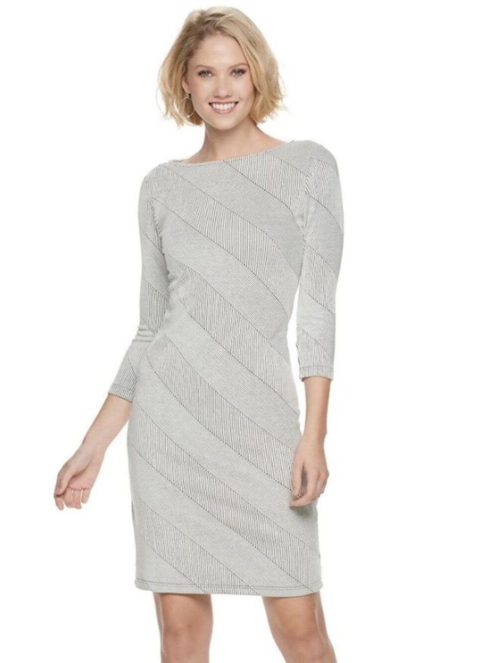 Sharagano White and Grey Striped Dress